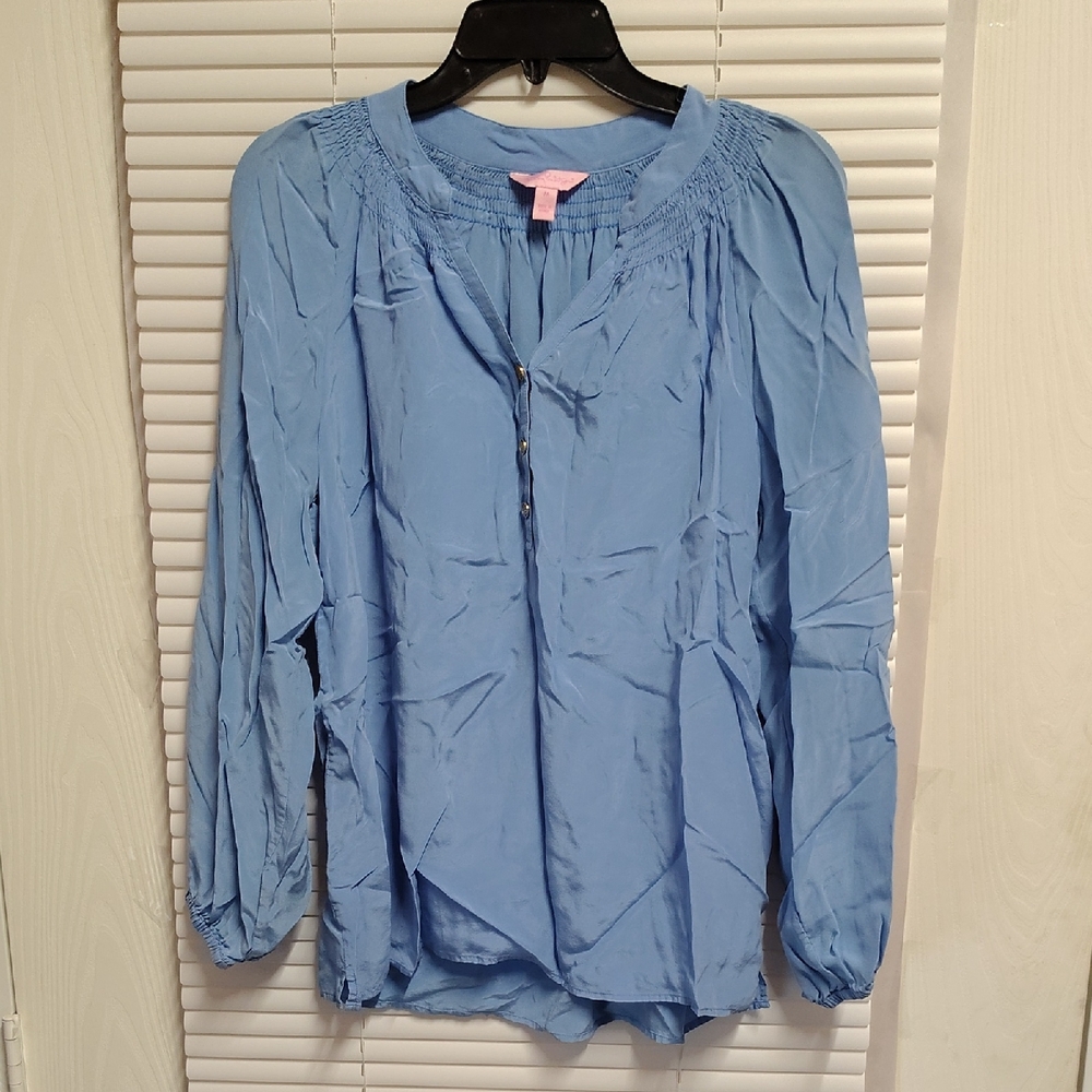 LILLY PULITZER Women’s Size M 100% Silk Elsa Top Blouse Blue Elastic Sleeve